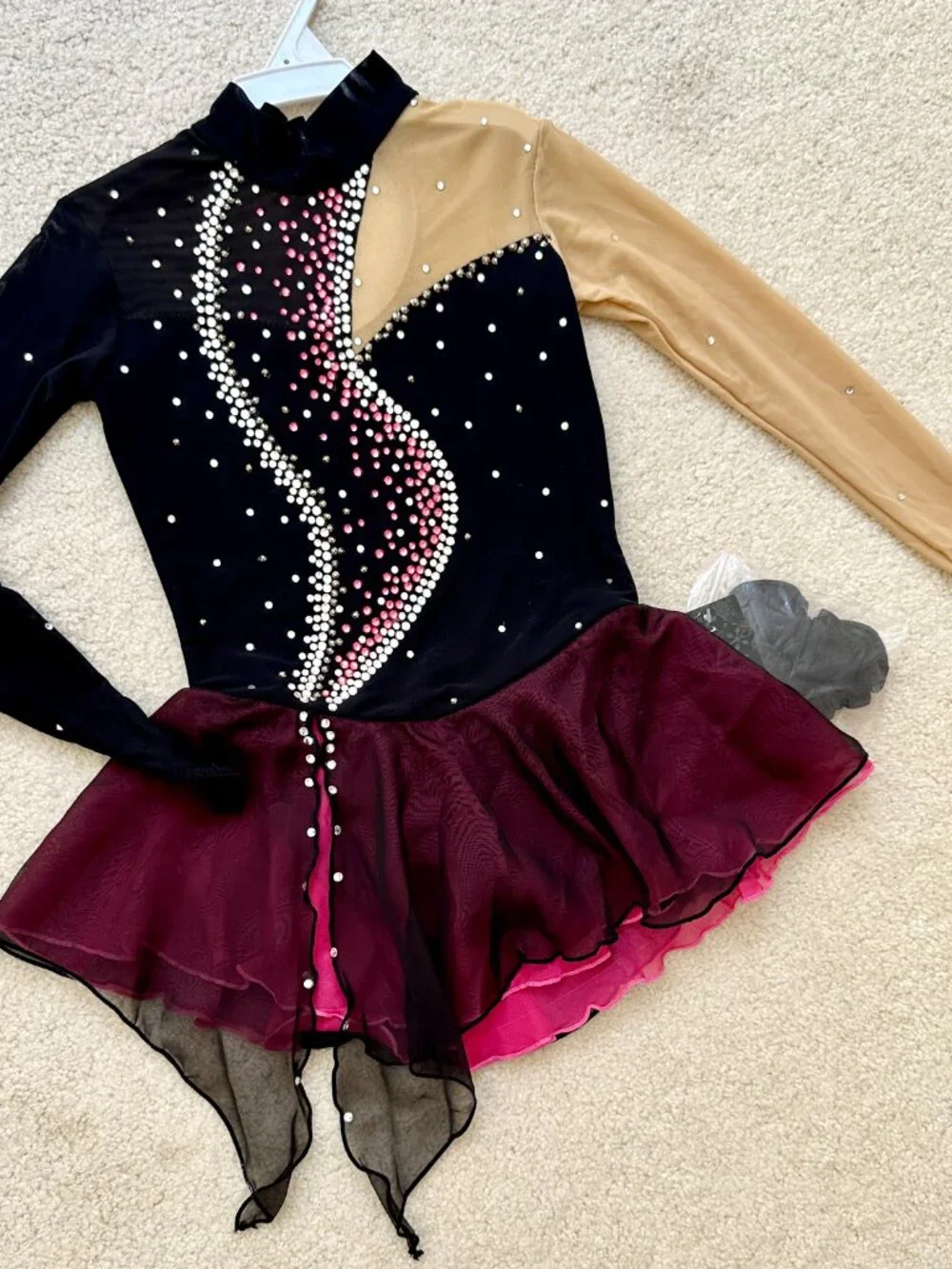 New Black with pink trim Crystal Figure Skating Dress Girls Size 6